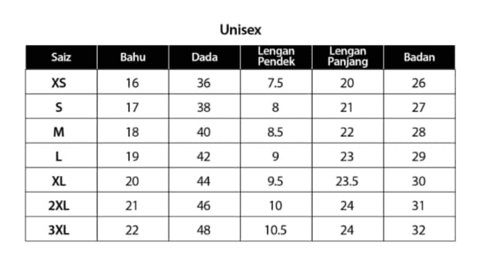 Carta saiz unisex — bahu, dada, lengan pendek, lengan panjang, dan badan